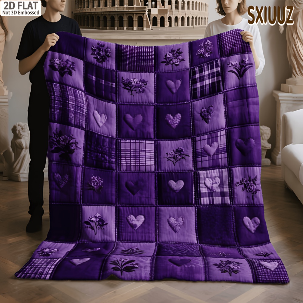 TEMU 1pc Purple Checkered Heart Fleece Blanket, Soft Warm Printed Blanket, Christmas And Thanksgiving Gifts Ideal Holiday Gift For , , Family, And ,