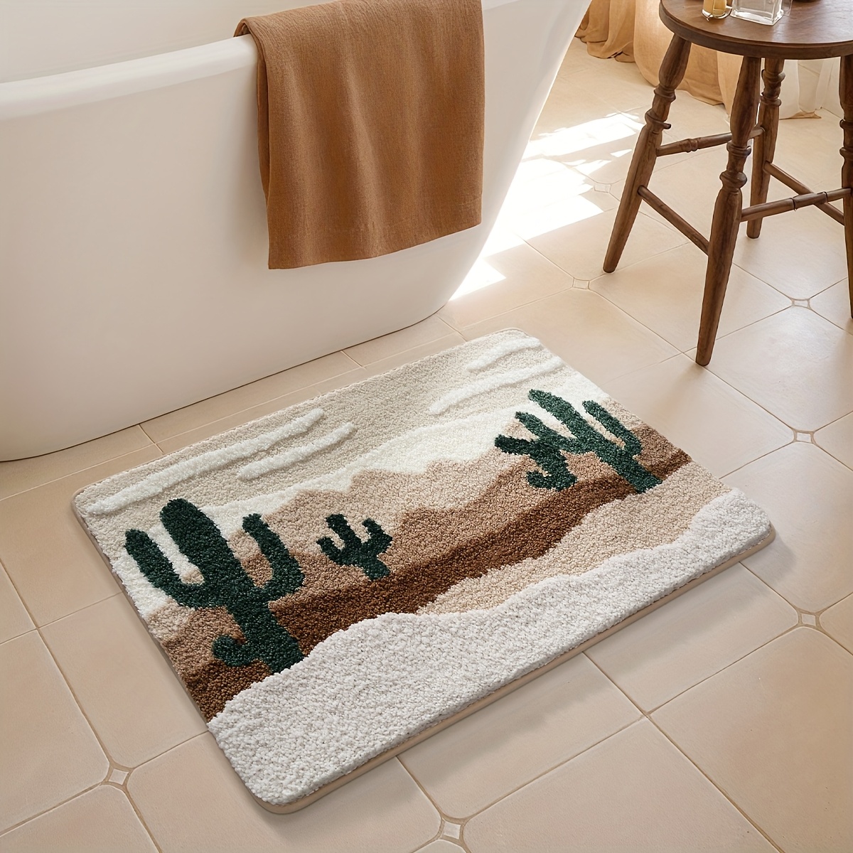 TEMU 1pc Bathroom Rug Bath Mat, Desert Pattern Absorbent Premium Bathroom Rug, Non-slip Comfortable Bathroom Mat For Bathroom Floor, Sink, Bathtub,