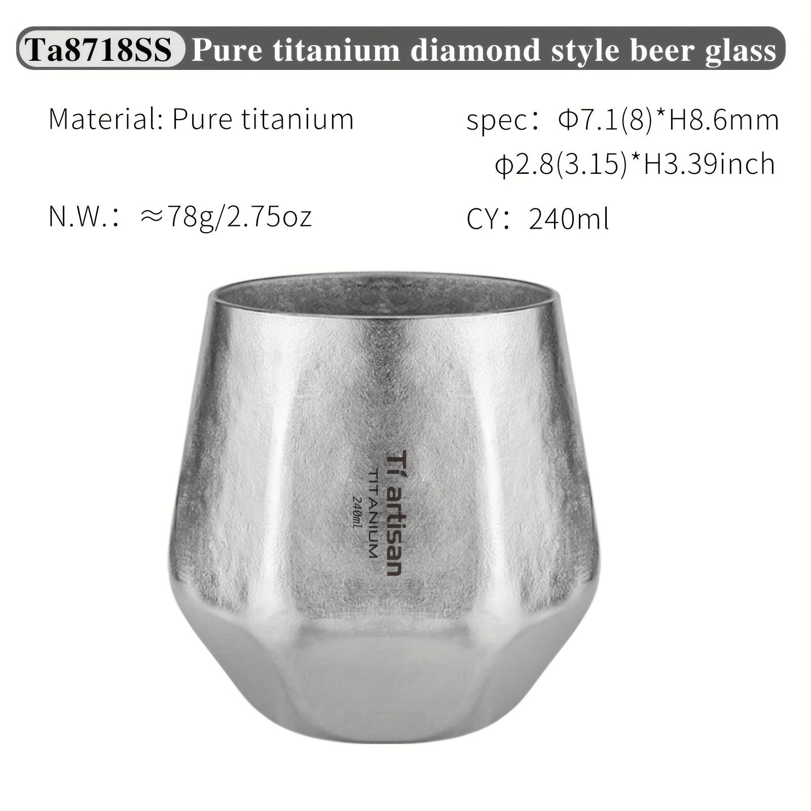 Image of Tiartisan 1pc Pure Titanium Hexagonal Diamond Water Mug, 240ml Double Layer Anti-scald Camping Tea Cup, Outdoor Picnic Ultralight Portable Drinkware, Whiskey Beer Glass, Milk Coffee Mug