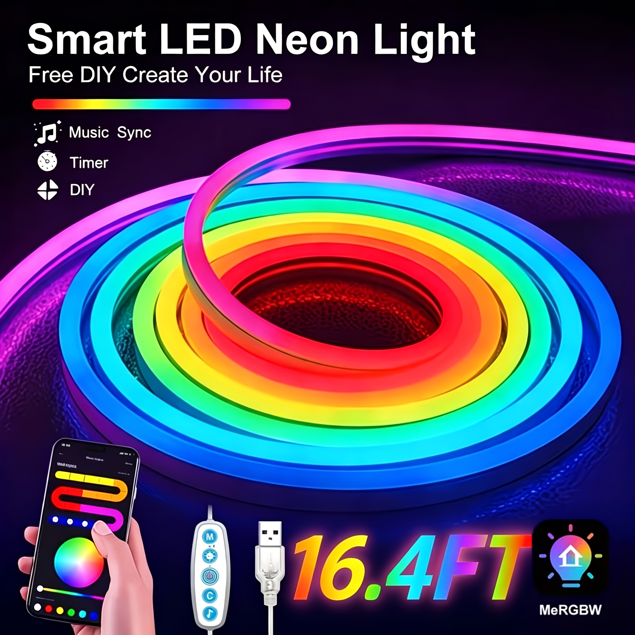 TEMU Smart Rgb Neon Light Strip - Flexible Led Light Strip, Usb Powered, Music Sync, Diy Wall Decoration, 16 Million Colors, Flexible And Trimmable,