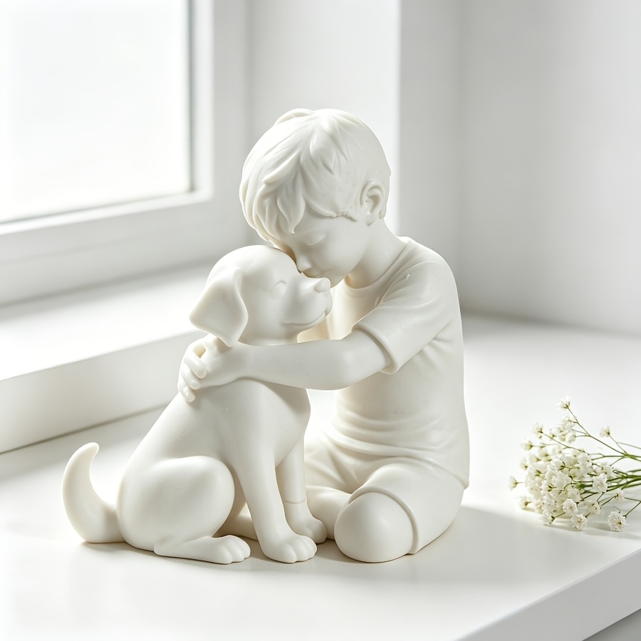 TEMU Warm Boy Hugging Dog Sculpture, Black And White Light Luxury Entryway Tv Cabinet Soft Furnishing Ornament, Nordic Style Modern Minimalist Home