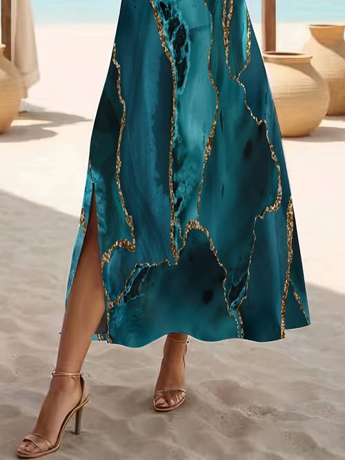elegant and slit print round neck short sleeve maxi dress