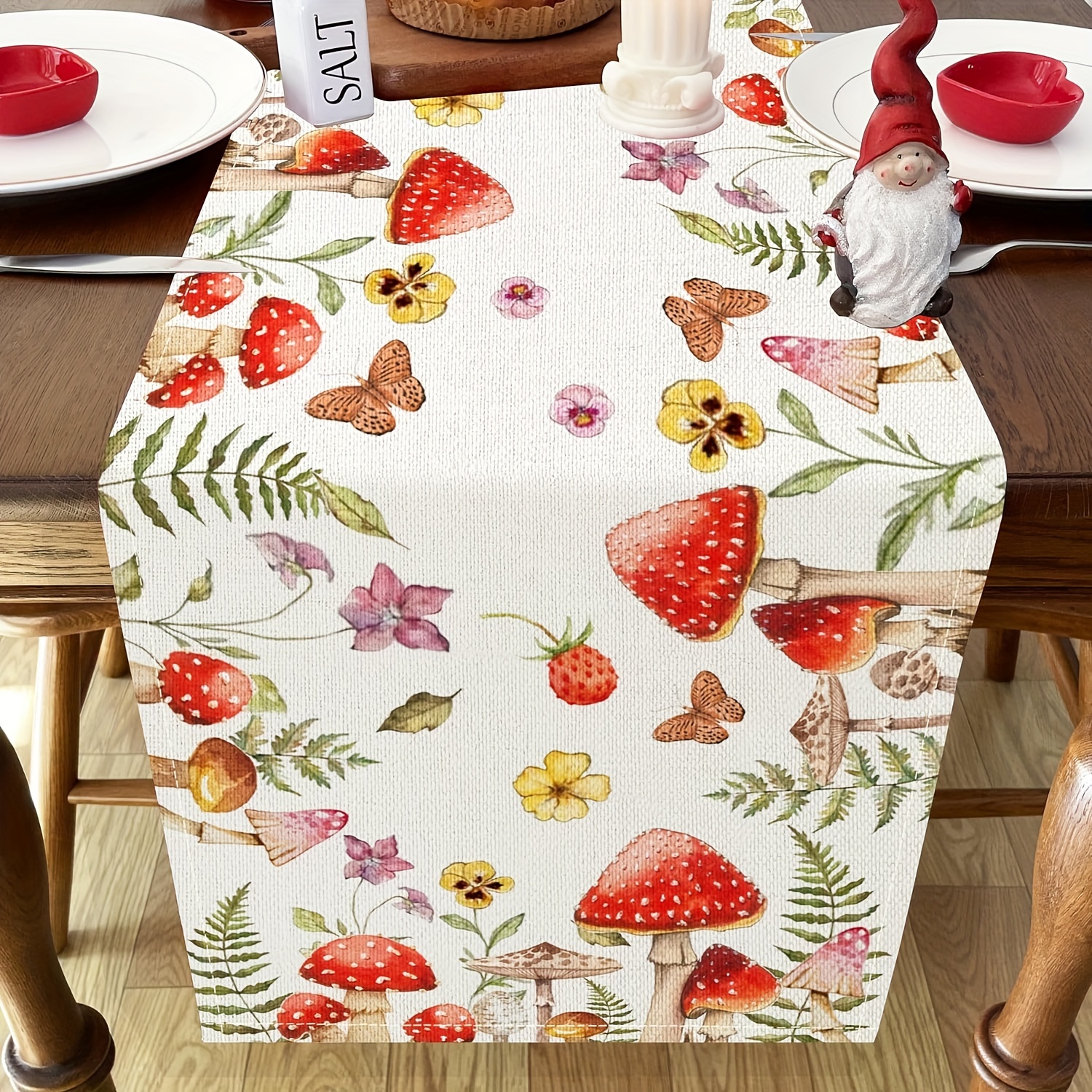 TEMU 1pc Watercolor Mushroom Summer Table Runner, Seasonal Wildflowers Home Kitchen Dining Table Decoration