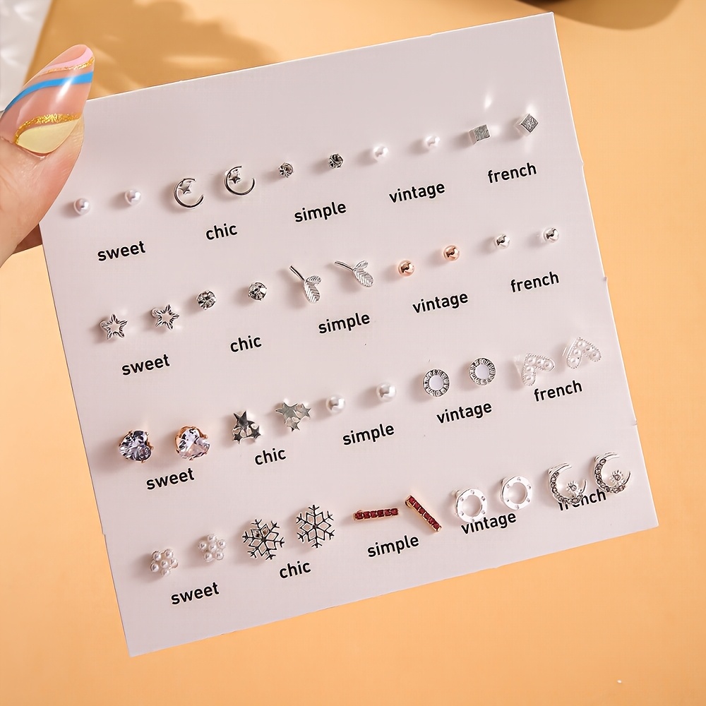 TEMU 40pcs Love, Five-pointed Star, Snowflake Alloy Inlaid With Rhinestones And Stud Earrings, Elegant And Trendy Women's Earring Set For Daily Wear