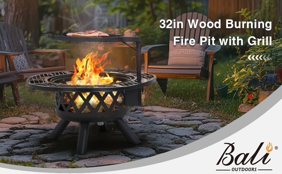 BALI OUTDOORS Wood Burning Round Fire Pit Barbecue Pit BBQ Backyard Black