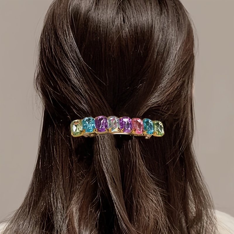 Image of 1pc New Cross-border Rhinestone Alloy Hair Clip, Geometric Barrette With Colorful Stones For Women