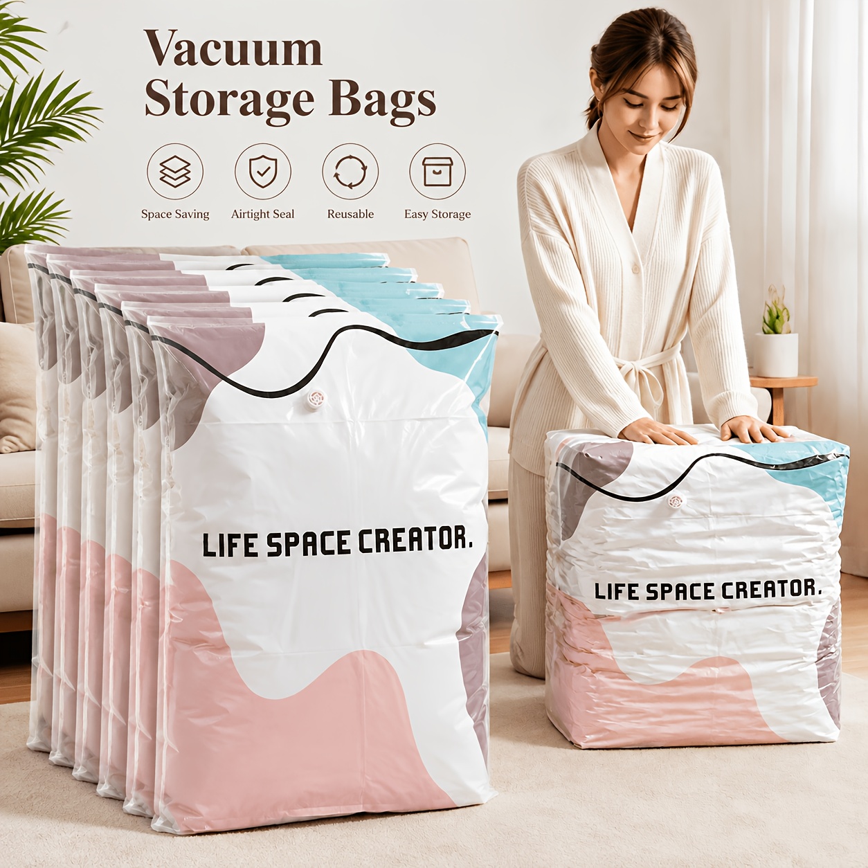 item picture 6 pack heavy duty pump free vacuum storage bags press seal space saving compression bags for clothes blankets travel moving emergency storage random color