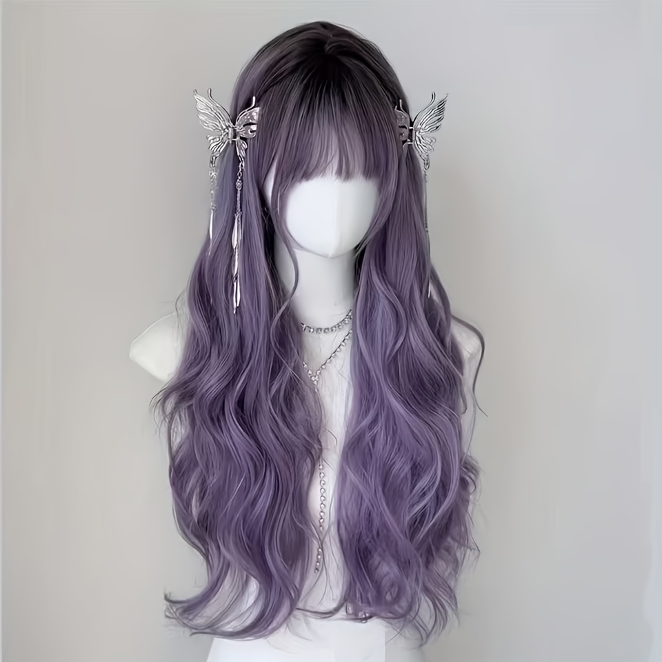TEMU 26-inch Halloween Wig Long Wavy Wig Ombre Purple Hair Wig Synthetic Wavy Wig With Bangs Daily Party Wig For Women