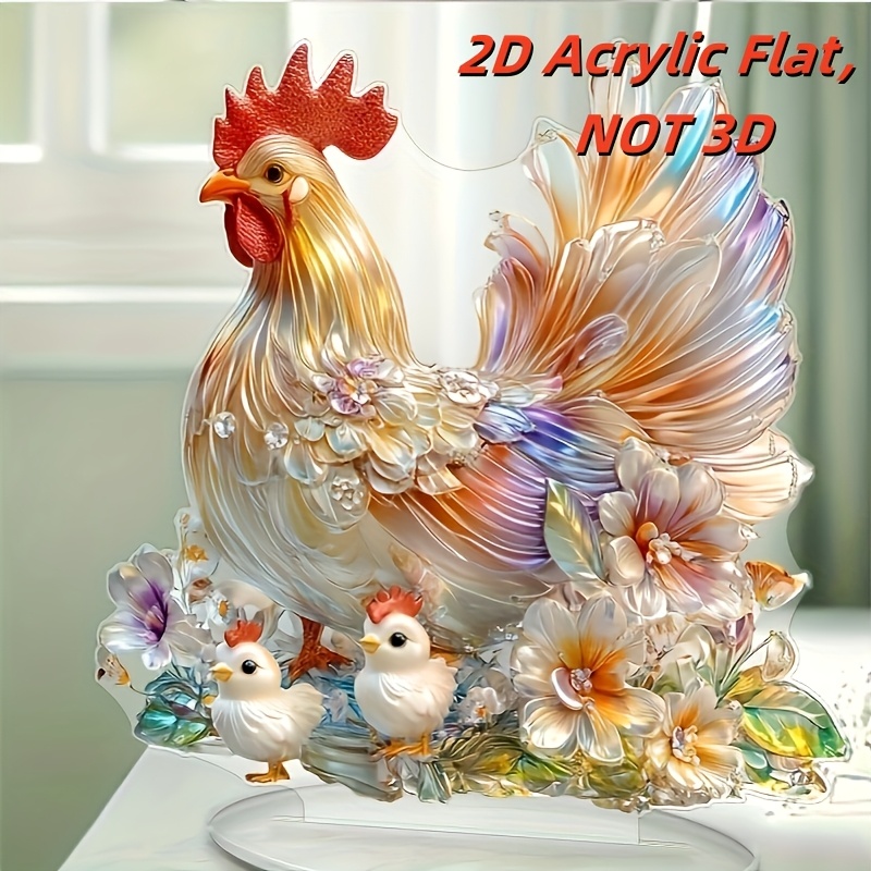 

2d Glass Texture Acrylic Chicken Ornament With Floral Decoration - Bohemian Style Desk Decoration - Home And Office, A Great Gift For And Housewarming