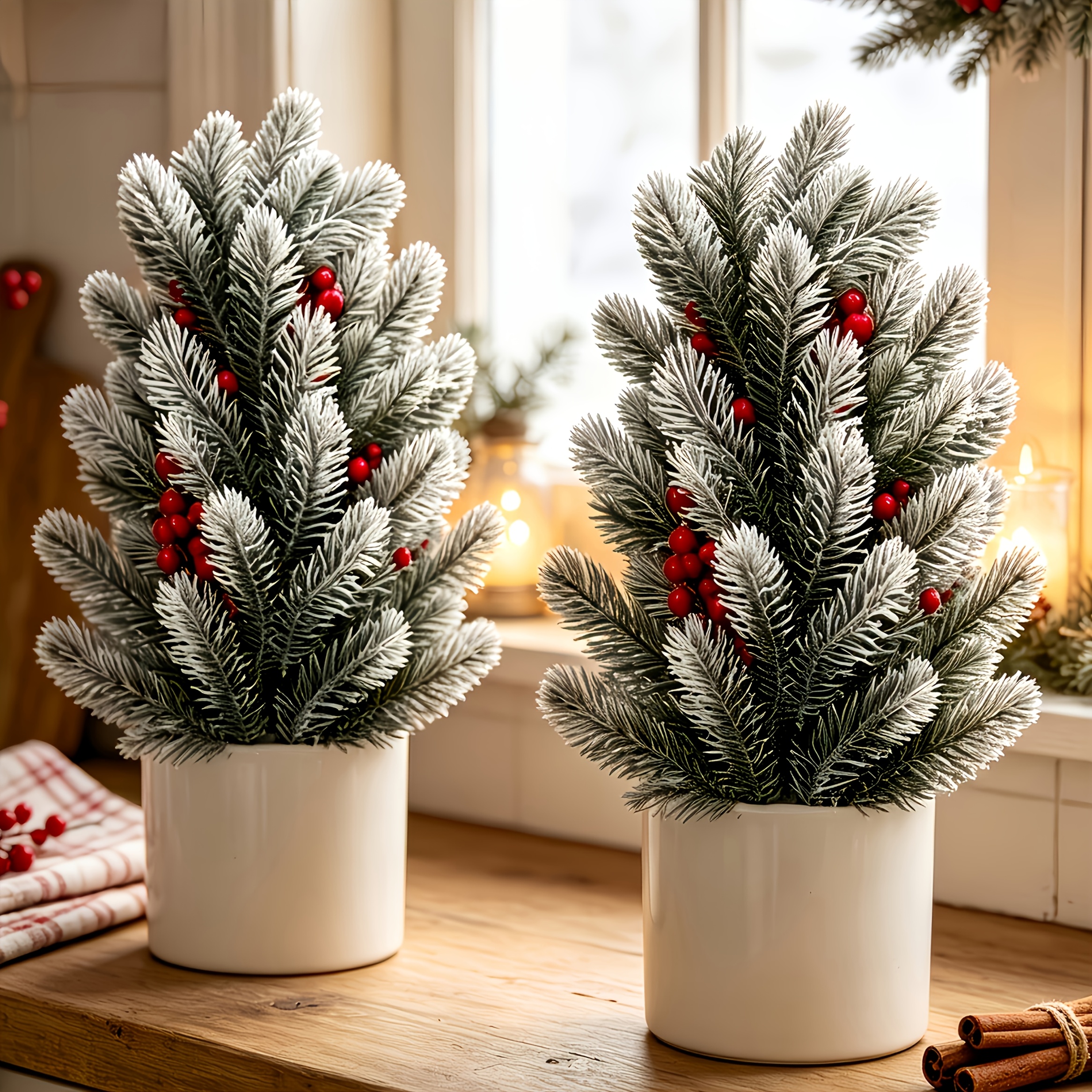 TEMU 2 Sets Of Extra-large Outdoor Artificial Christmas Fir Plants With Ground Stakes And Red Berries - Dense Green Needles Covered In White Snow,