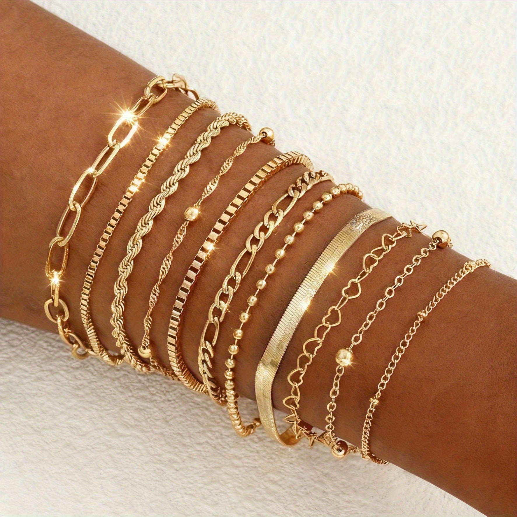 TEMU 11pcs Women Bracelet Set Golden Vintage Elegant Fashion Simple Heart Bead Chain Snake Bone Twist Metal Multi Layering Jewelry Holiday Party Date