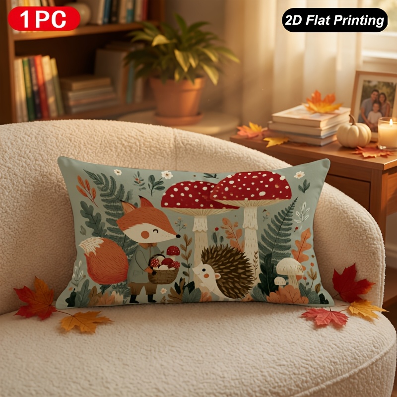 TEMU 2D Plat - 1pc Housse de Coussin Lumbar d'Automne 2D Plat Imprimé Renard Hérisson Rouge pour Intérieur Extérieur Ferme Chambre Salon Canapé