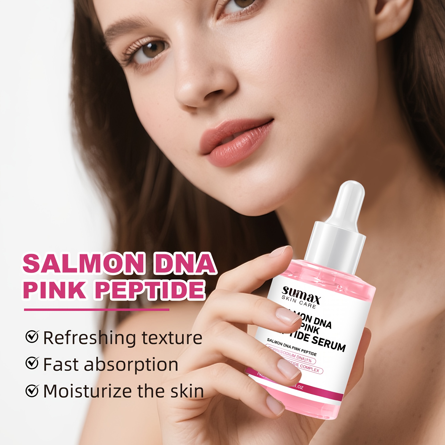 SUMAX Salmon Pink Peptide Skin Essence Is a Moisturizing Facial Essence with Salmon Oil And Various Peptide Molecules, Designed Specifically for Dry Skin During The Autumn And Winter Seasons, with a Volume of 1.52 Fl. Oz
