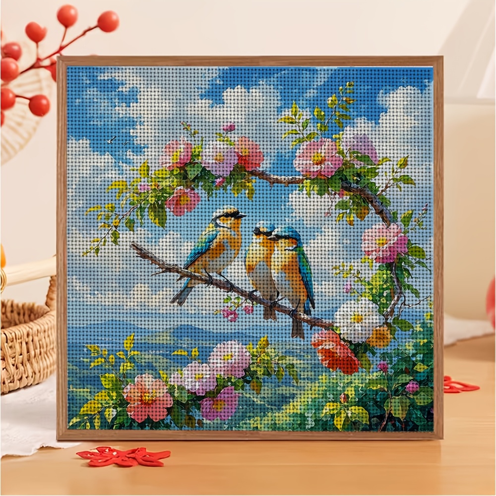 Three Birds Perched on a Flowering Branch Cross-Stitch Kit, Frameless