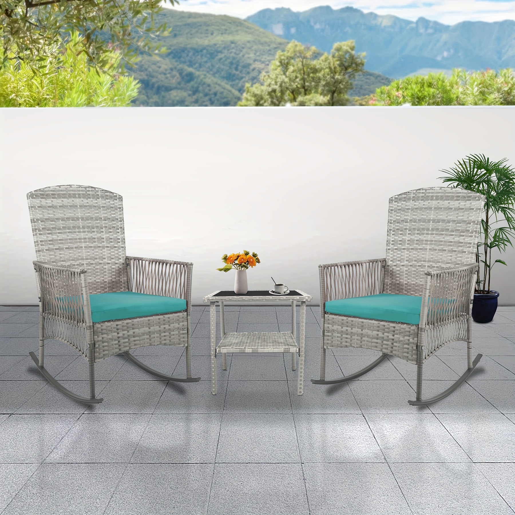 

Outdoor Wicker Rocking Chair Set, 3 Pieces Patio Conversation Furniture Bistro Set With Glass Top Coffee Table And Cushions For Garden Porch And Balcony