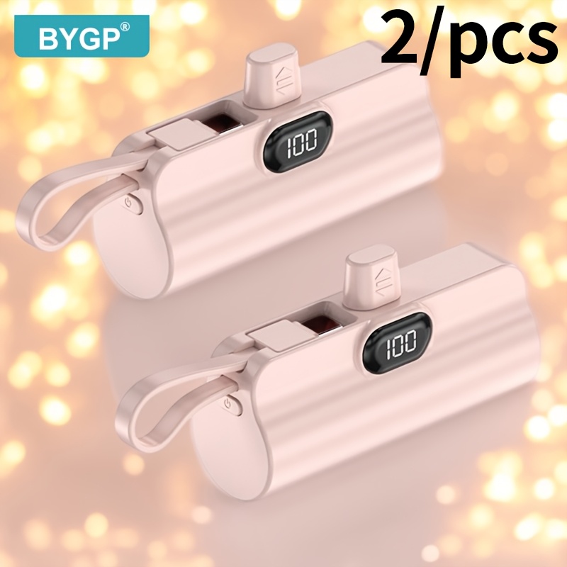 Image of 1pc/2pcs 5000mah Portable Charger - Capsule Design Bank, Display, Built-in Cable/type-c Interface/lanyard, Compact Emergency Backup Outdoor Phone Battery Pack Suitable For Iphone And