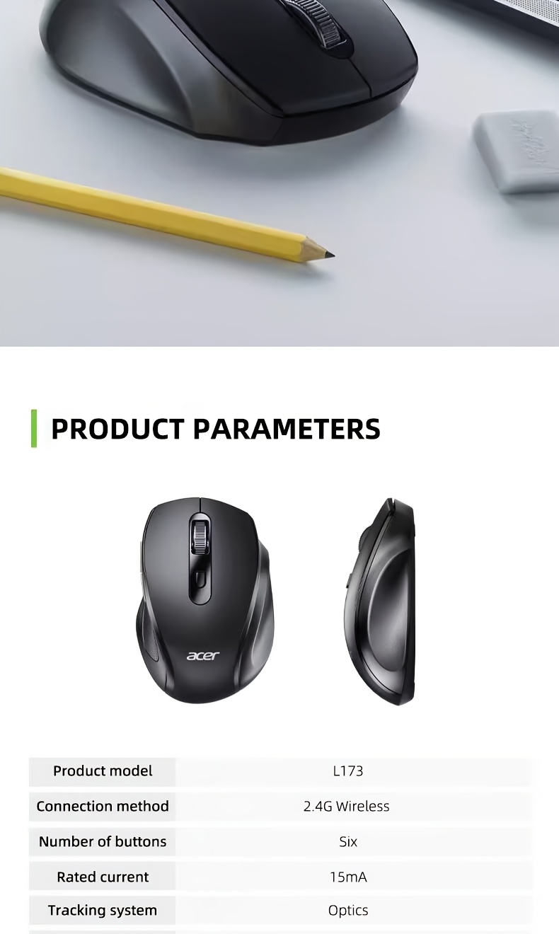 El ratón gaming inalámbrico Acer de 6 botones, con diseño ergonómico y ajuste de DPI multimplegado, es fácil y práctico, lo que lo hace ideal para el trabajo diario de oficina y la entretenimiento.