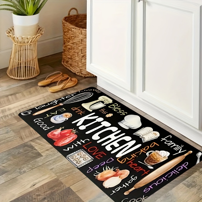 TEMU 1pc Thick 1.1cm Kitchen Floor Mat With Kitchen Utensil Pattern Print, Thickened Polyester Fiber Mat For Kitchen, Living Room, Porch, Balcony And