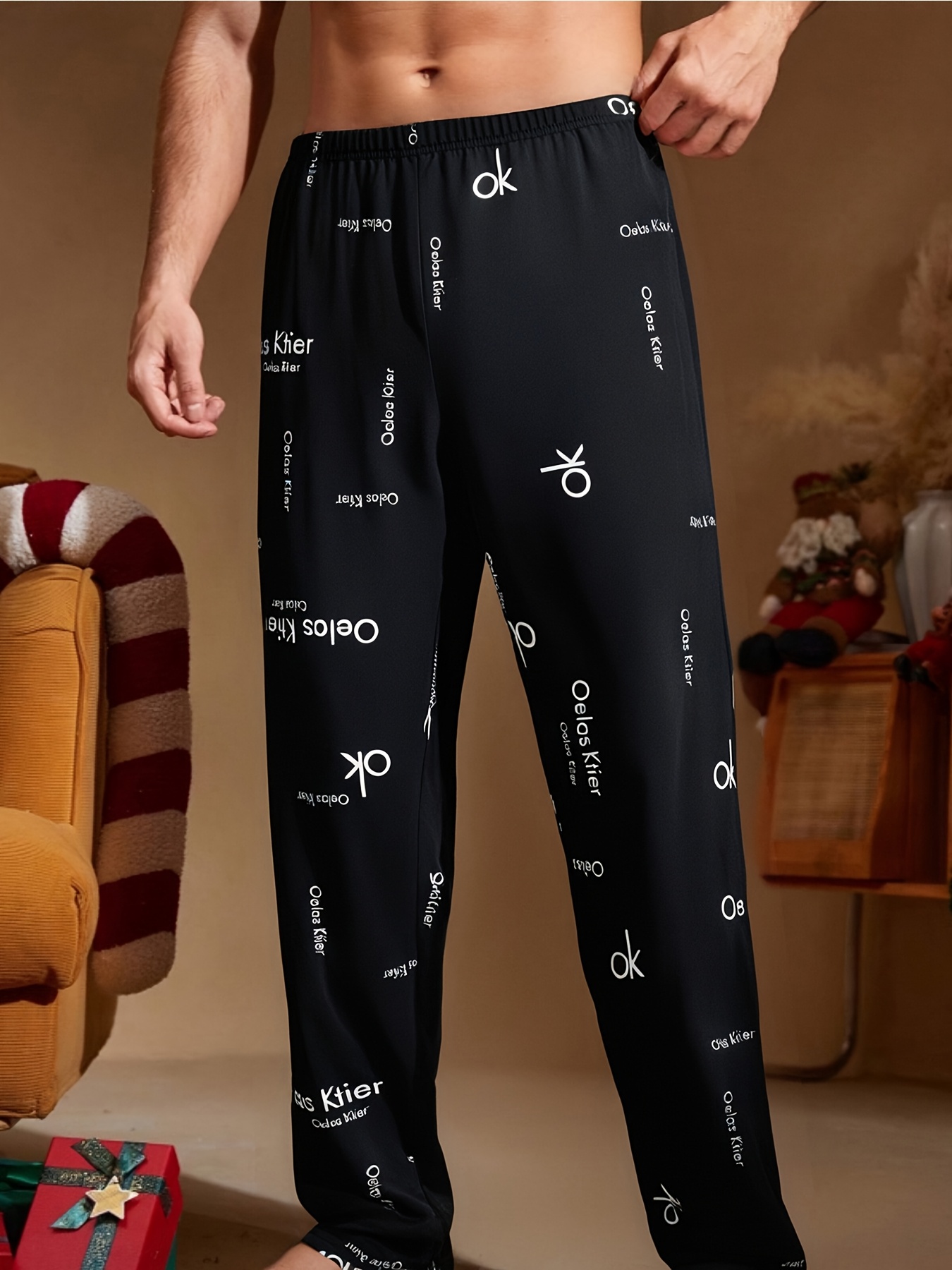 mens luxe black ok print lounge pants soft lightweight     with elastic waistband   home or fitness polyester blend machine washable