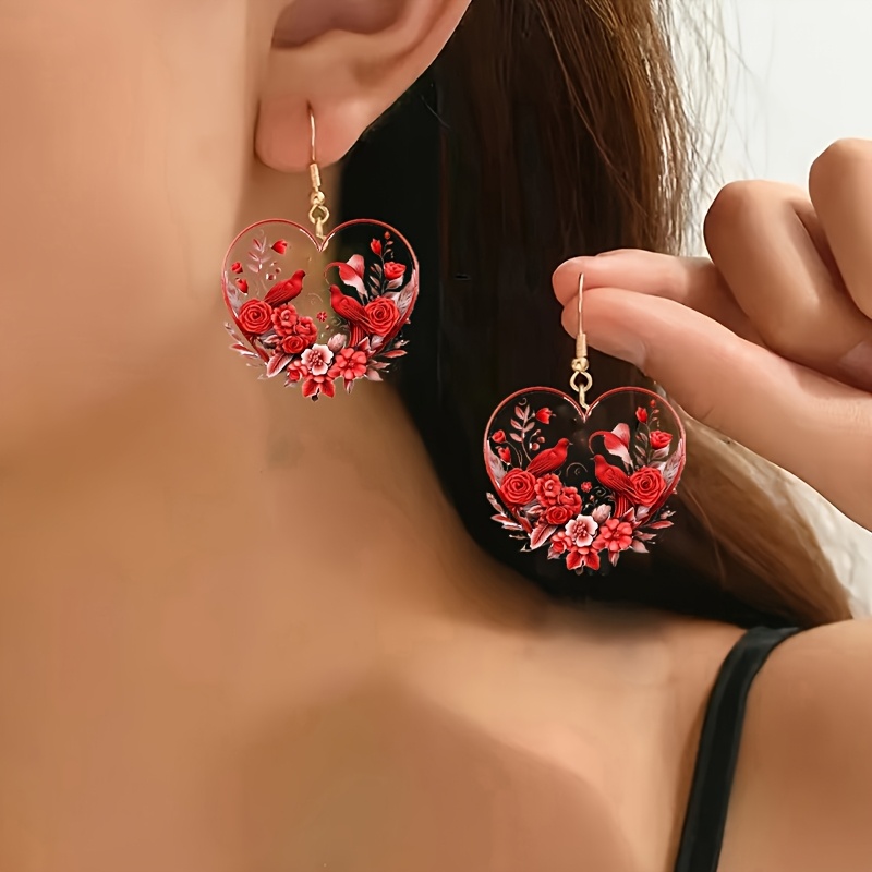 

Elegant Acrylic Heart-shaped Earrings With Red Floral And , Valentine's Day, Birthday, Or Anniversary Gift