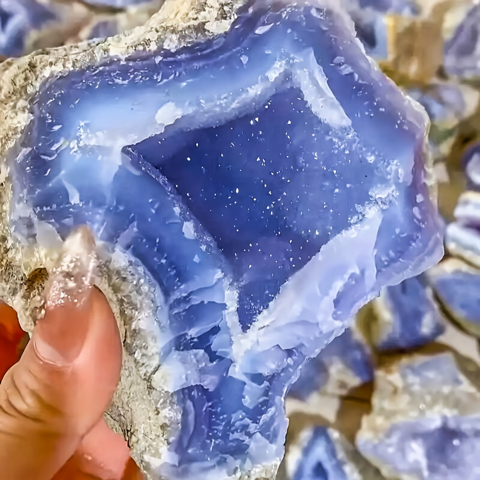 thumbnail interactive-video image 1 of MOGEMT Raw Blue Celestite Crystal Geode Natural Healing Crystal Cluster Large Irregular Celestine Stone Home Decor 3-4 Lbs 1 of 11