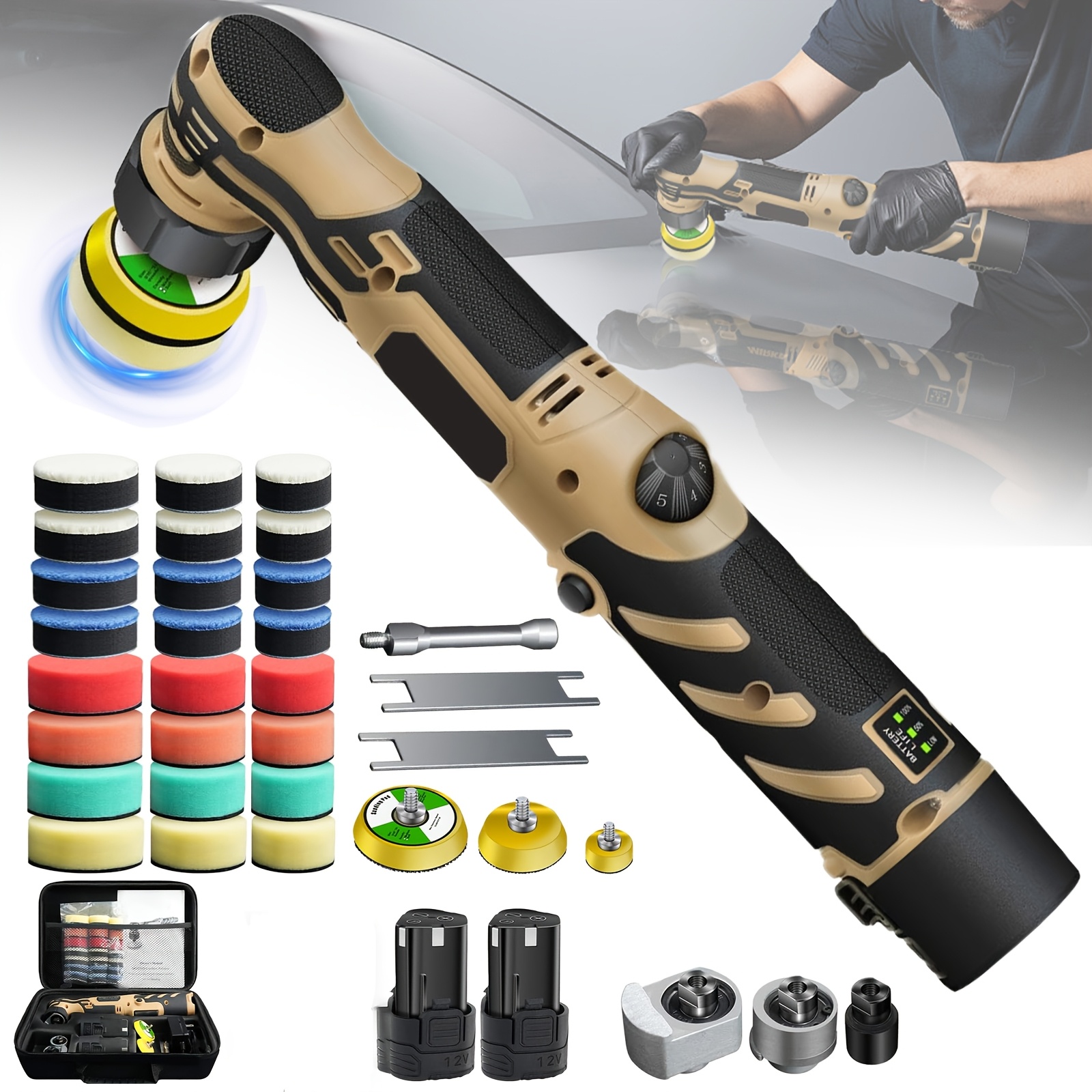 12v Mini Car Polisher, 6-speed Adjustable, 1/1.5/2 Inch Polishing Pads, Long-lasting Battery, Easy Waxing And Polishing Scratch Repair