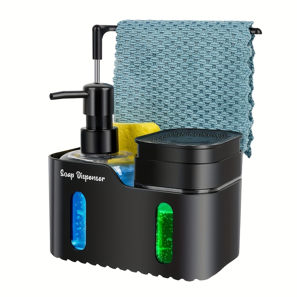 TEMU Kitchen Soap And Dish Soap Dispenser Set, 4-in-1 Dual-use Soap Dispenser With Sponge Rack And Cloth Rack, Distinguishing Black And White Colors,