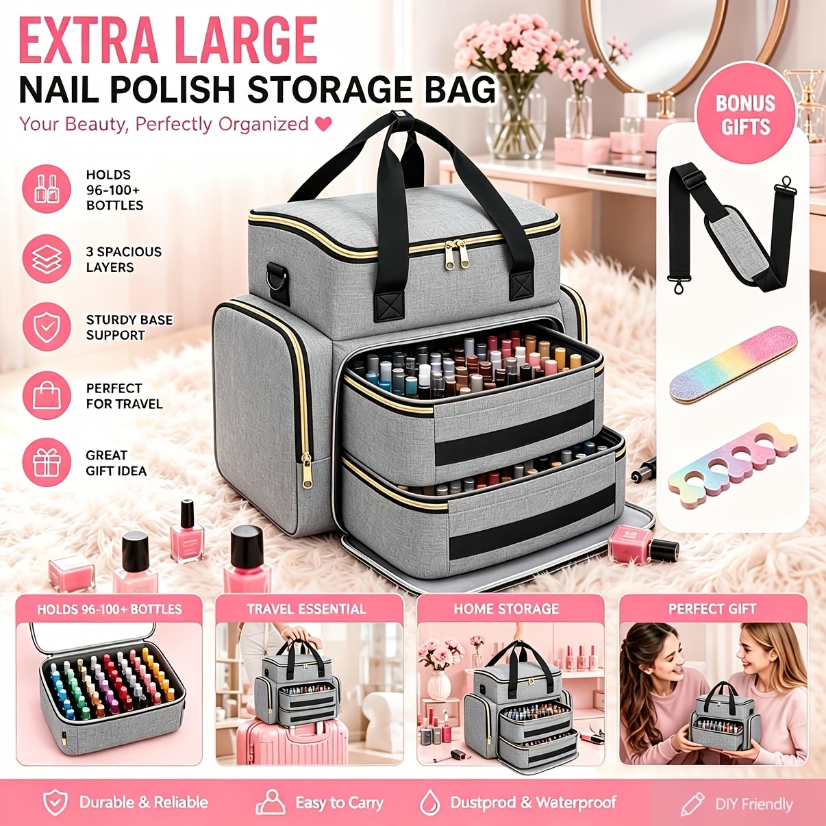 TEMU Extra Large For Nail Polish Storage Bag Holds 96 To 100+ Bottles Of 15ml 0.5oz For Nail Polish Large Organizer With Support Board For Portable