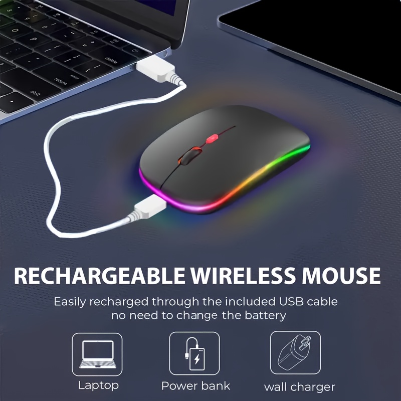 Wireless Portable Office Mute Wireless Mouse for Phone Tablet Laptop Computer Office Entertainment, Rechargeable Wireless 2.4G Dual Mode Mouse, Ergonomic RGB Ultra Thin Wireless Mouse, Type C Charging Interface, 4 Buttons, Compatible with Multiple Sy