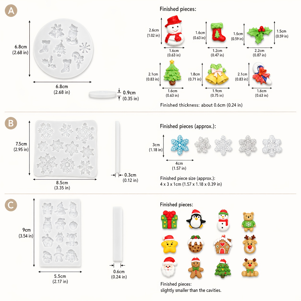TEMU 3pcs-christmas Theme Silicone Mold, Snowflake Santa Snowman Reindeer Tree Casting Mold For Scented Wax Epoxy Resin Gypsum Craft, Xmas Mini