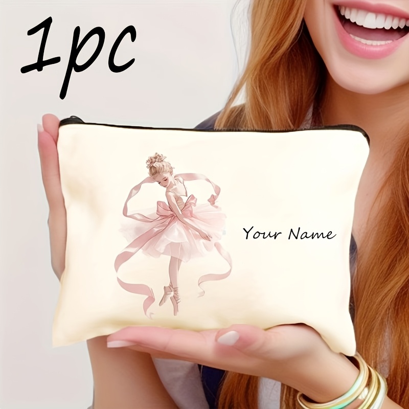 TEMU 1pc/3pcs/5pcs Custom Name Vintage Ballet Cute Little Girl Pattern Makeup Bag - Handbag - Toiletry Bag - Pencil Case - Gift Bag, Best Gift For
