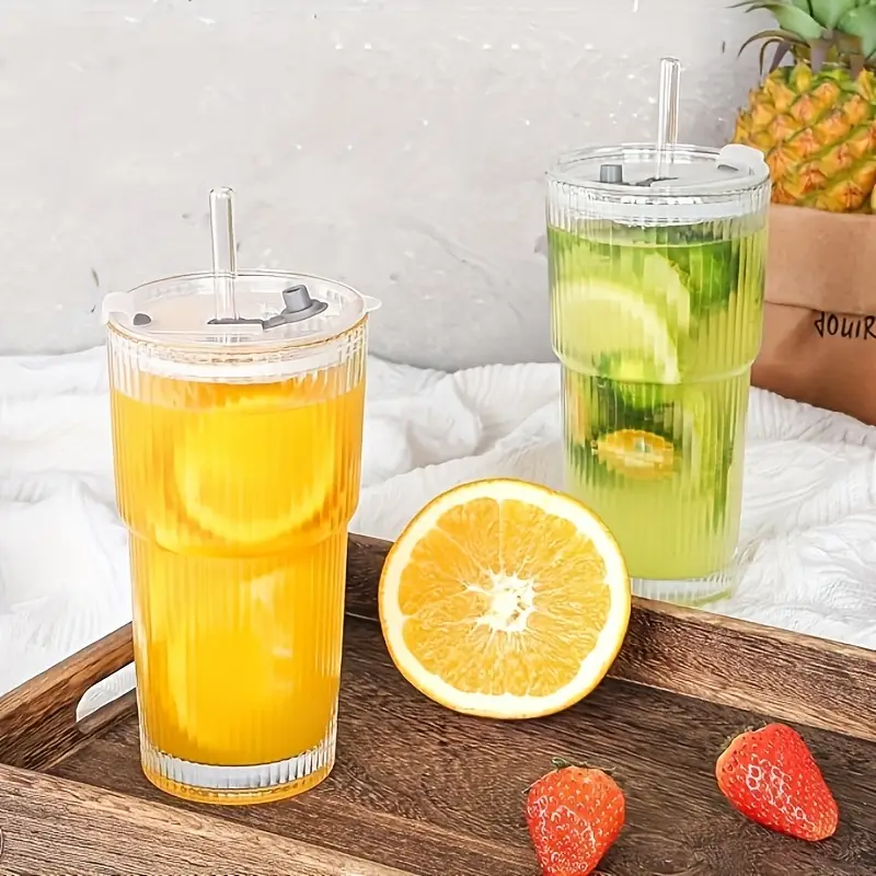 2pcs glassware set 600ml 20oz ribbed glass bucket with lid and glass straw thick glass iced coffee smoothies cocktails and juices elegant and durable beverage vessel Product details 2