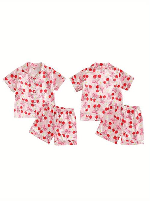 little girl summer pajama set bow berry print short sleeve button up elastic waist shorts 2pcs sleepwear outfit