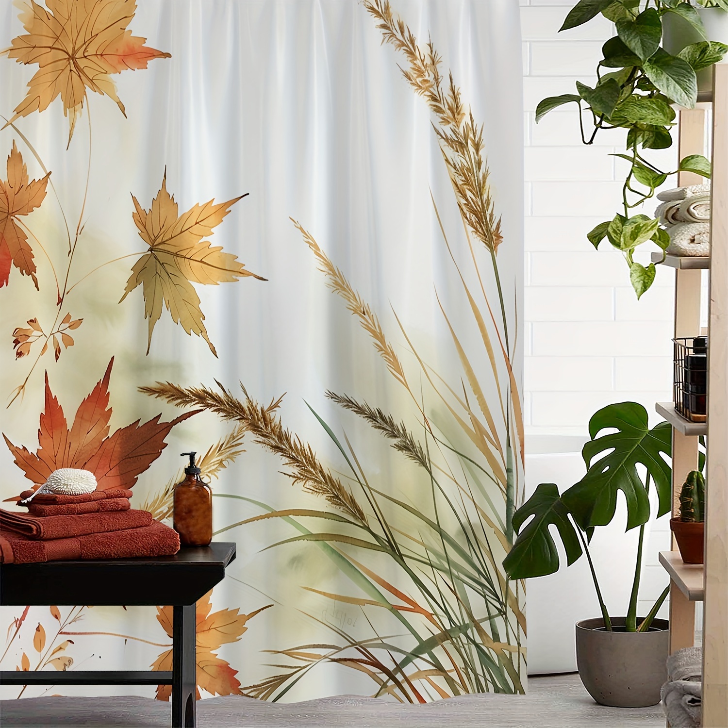 

Fall Autumn Maple Leaves Print Waterproof Shower Curtain With 12 Hooks, Polyester Woven Fabric, Machine Washable, Water-resistant, Arts Themed With Included Hook Set