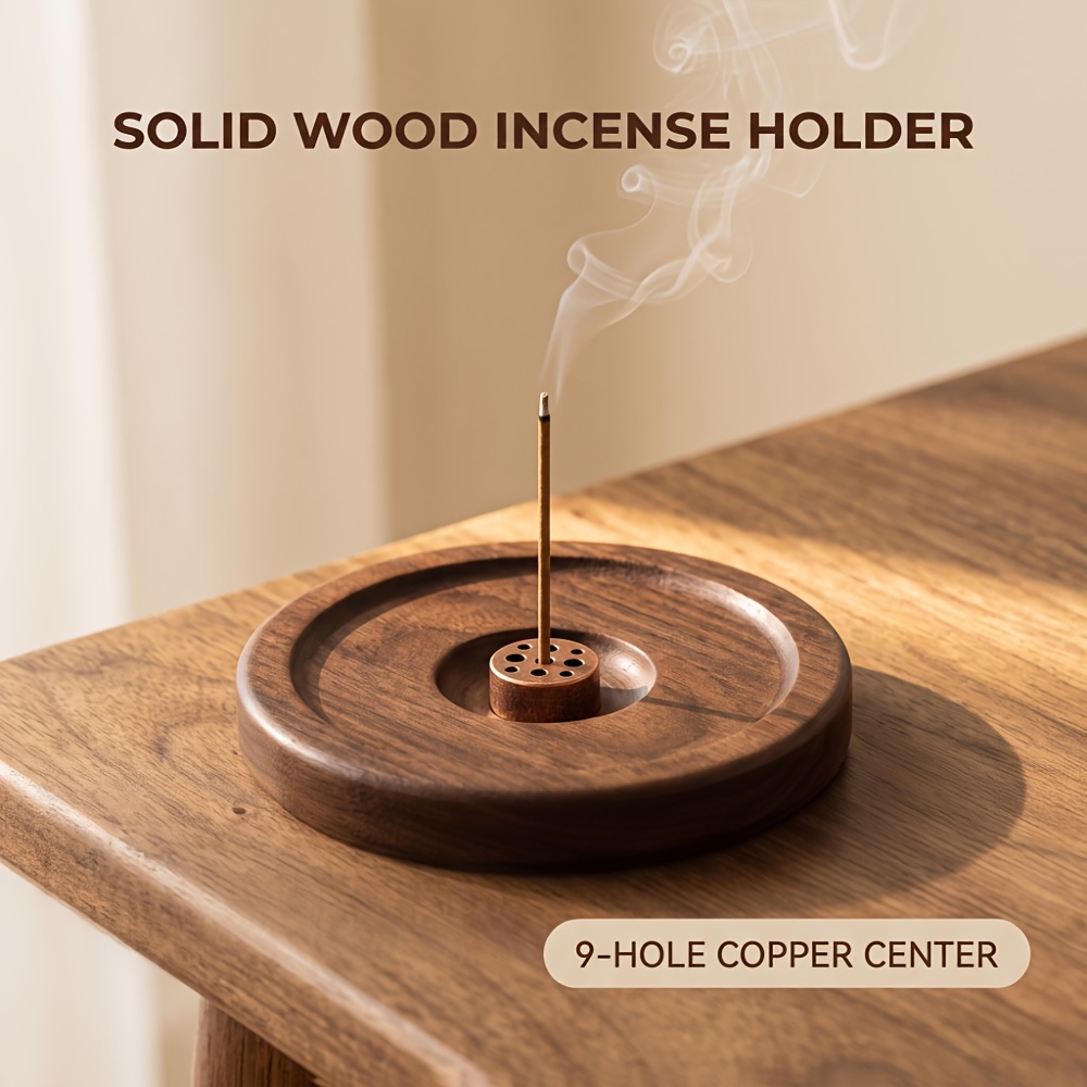 TEMU Base de soporte para incienso de madera con de incienso en varilla de acero inoxidable de de 9 orificios, soporte para incienso zen liso marrón