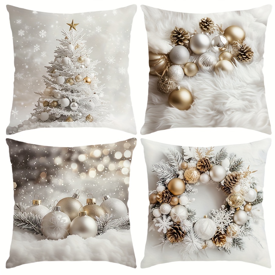 

4-pack Christmas Tree, & Wreath Pillowcases, 17.72x17.72 Inches, White & Golden, Soft & Comfortable, Single-sided Print, Polyester, Zippered Covers For Home Decor, Country Style, Machine Washable