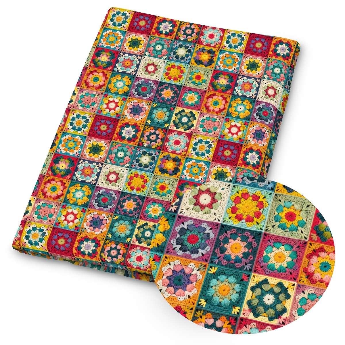 TEMU 1pc Granny Square Print Fabric - 59 X 19.68 Inches (150 X 50 Cm) Pre-cut Polyester Fabric With Spring Cottagecore Design - Suitable For Sewing,
