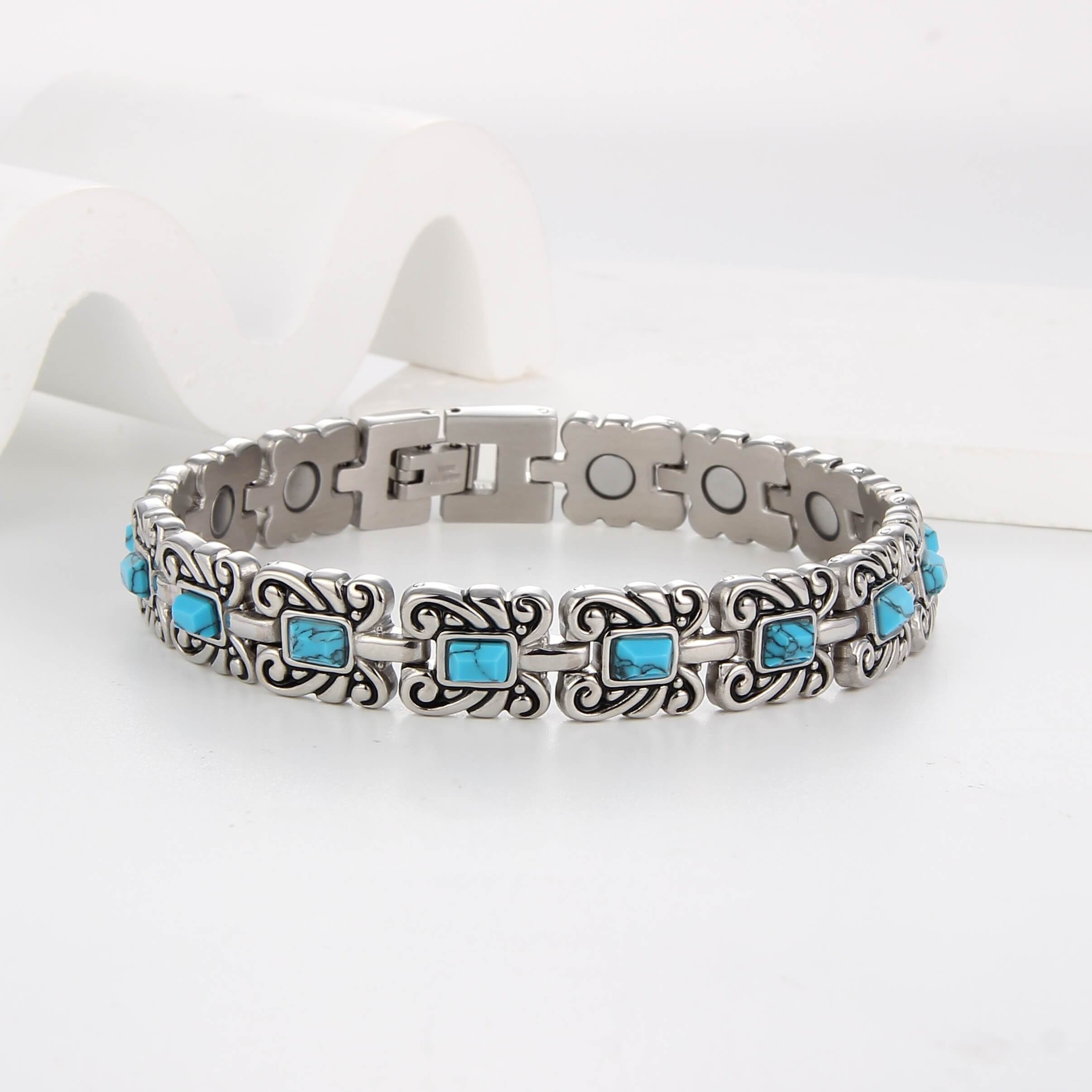 TEMU 1pc Magnetic Turquoise Stainless Steel Bracelet For Women And Men, Stainless Steel Magnetic Bracelet With Sizing Tool Magnets Jewelry Gifts