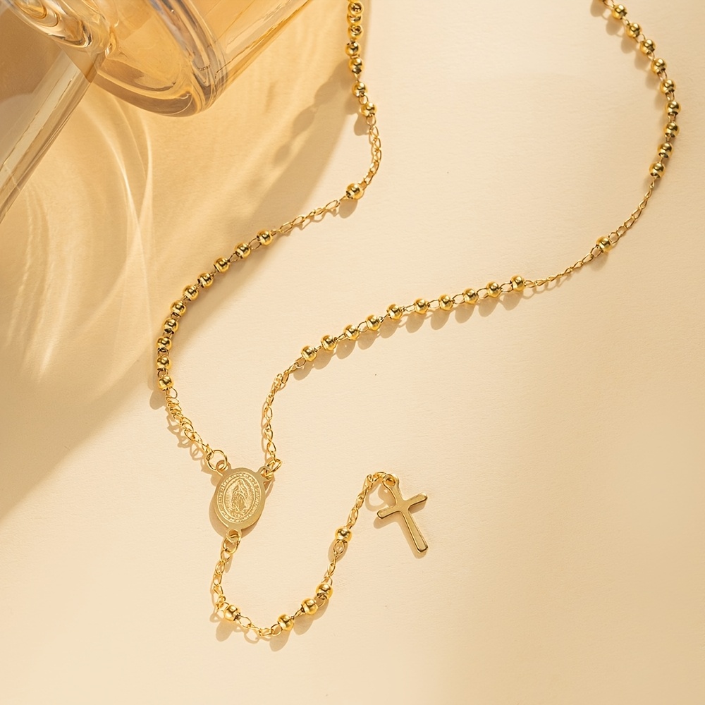 1pc Women' Steel 3mm Beads Necklace Vintage Cross Pendant Trendy Religious Style Jewelry Necklace Gift Daily Beach Wear Accessory