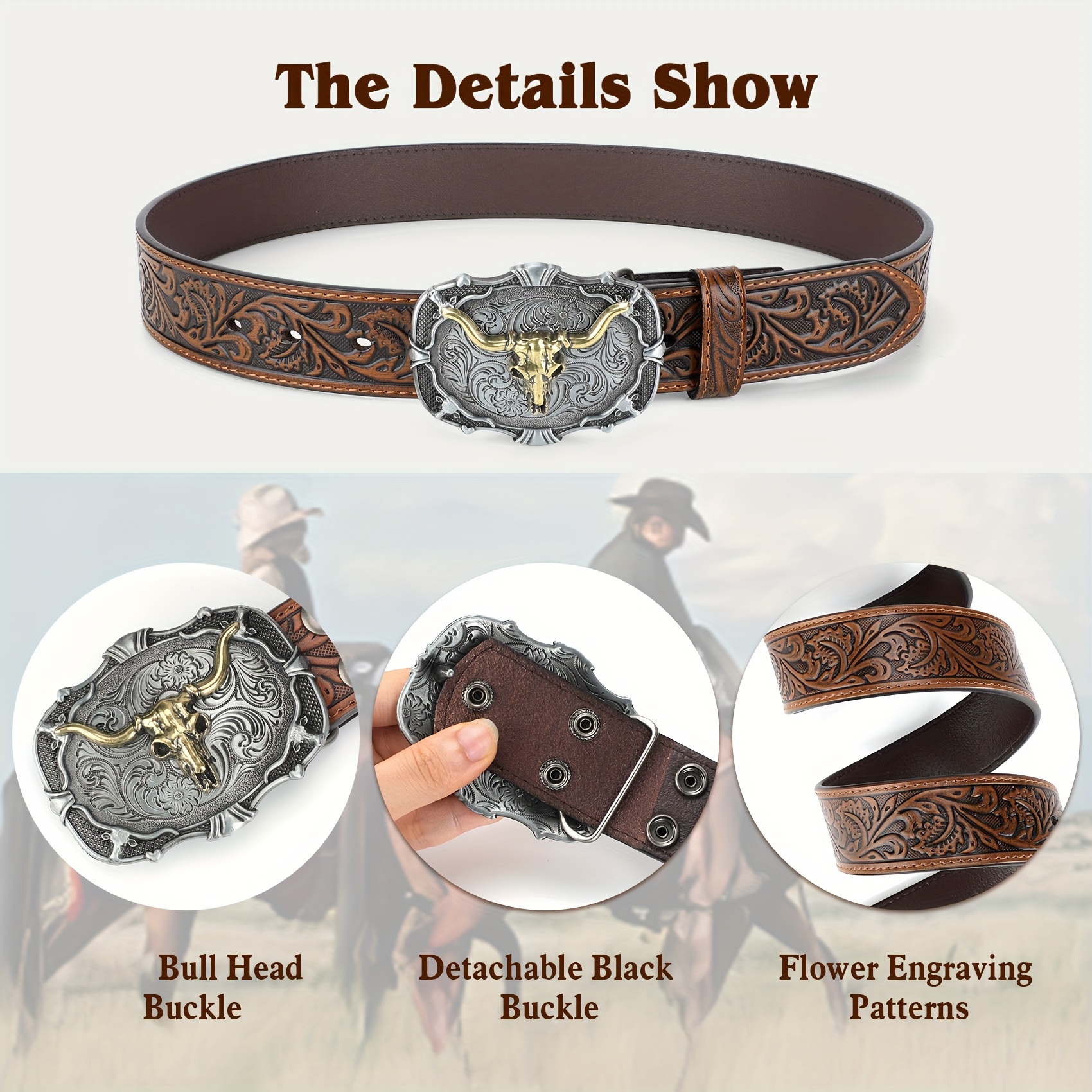 8407a mens western cowboy embossed leather belt | temu Temu