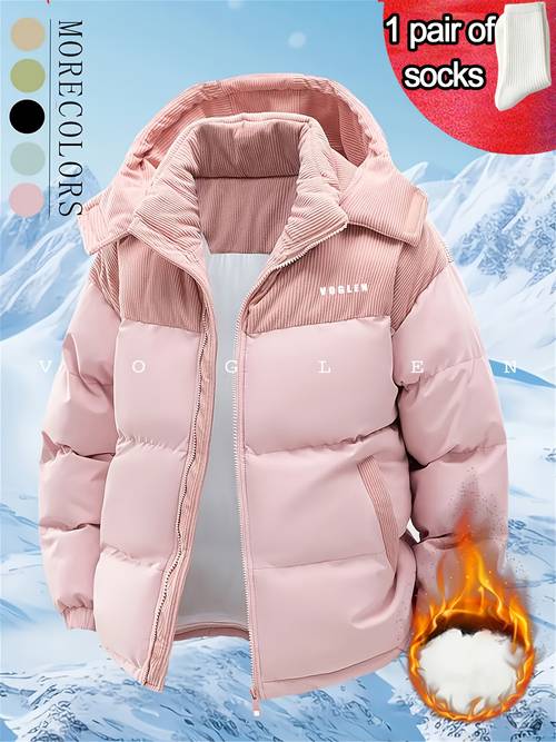 1pc winter mens warm color block padded with detachable lined hood casual outerwear couples top a pair of socks suitable for outdoor sports daily commuting jogging fitness workwear halloween gift