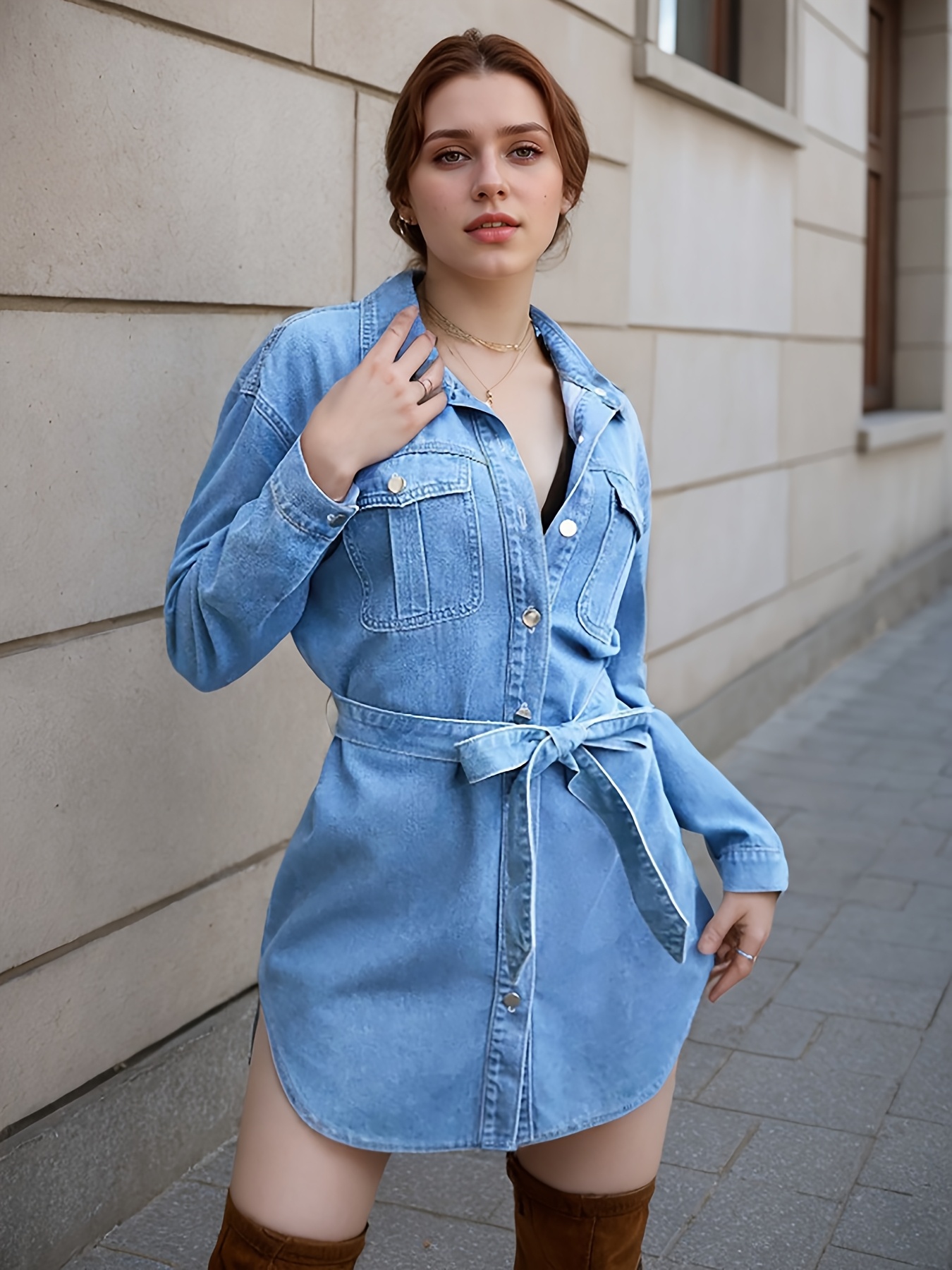 womens denim shirt dress belted waist tie front detail long Temu