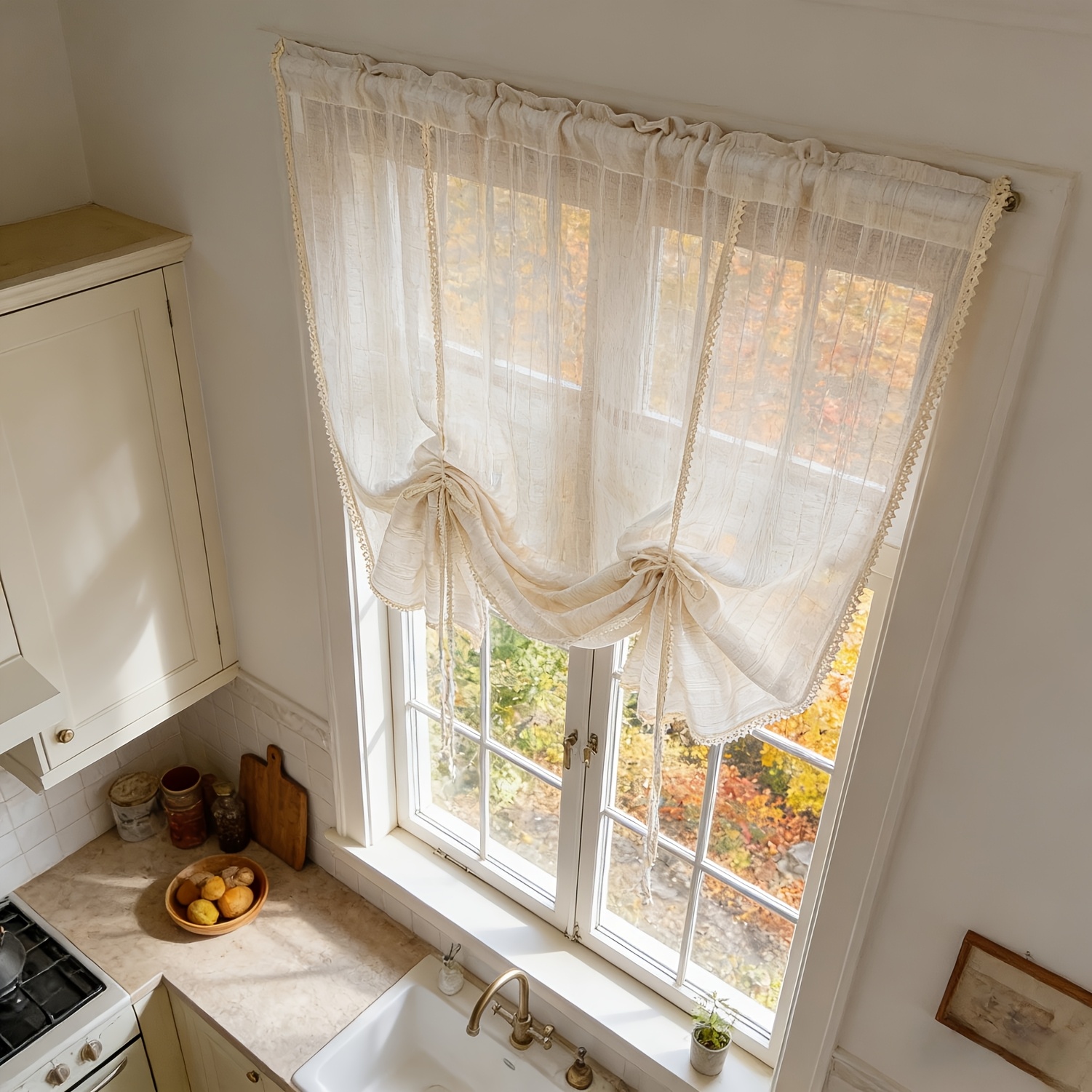 Image of 1 Panel Crochet Striped Sheer Curtain Valance For Kitchen Dining Room Tulle Tier Curtain Adjustable Light Filtering Sheer Valance With Lace Trim Rod Pocket