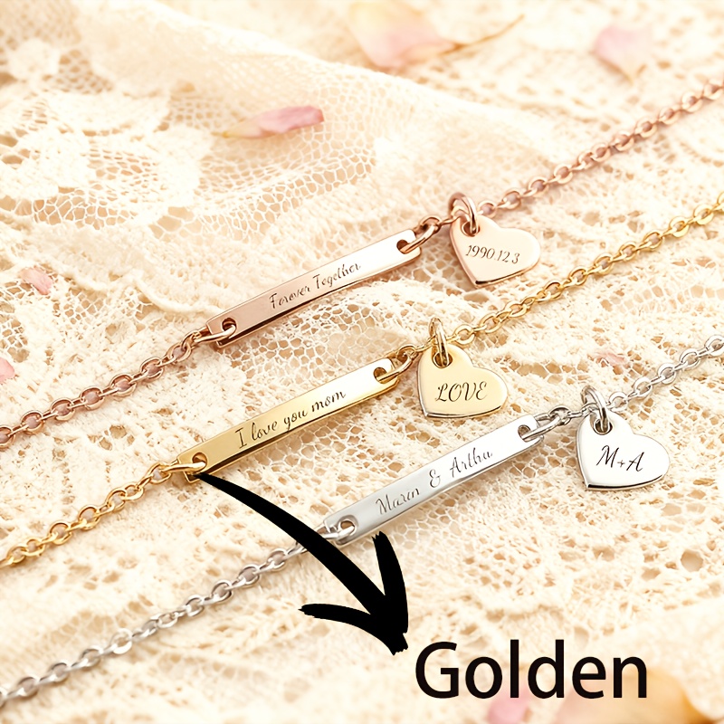 TEMU Custom Stainless -shaped Pendant Bracelet, Engraved With Inspirational Text, Dates Or , Letters Or Numbers; A Perfect Gift For Valentine's Day,