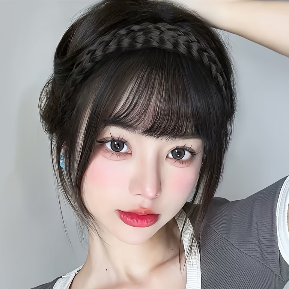 womens natural forehead braid hairpiece thin and invisible   anti aging short bob bangs synthetic       4