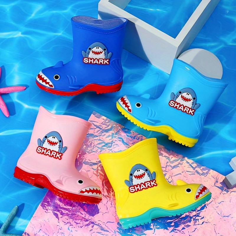 Cute Cartoon Shark Pattern Rain Boots For Boys, Waterproof Soft Sole 