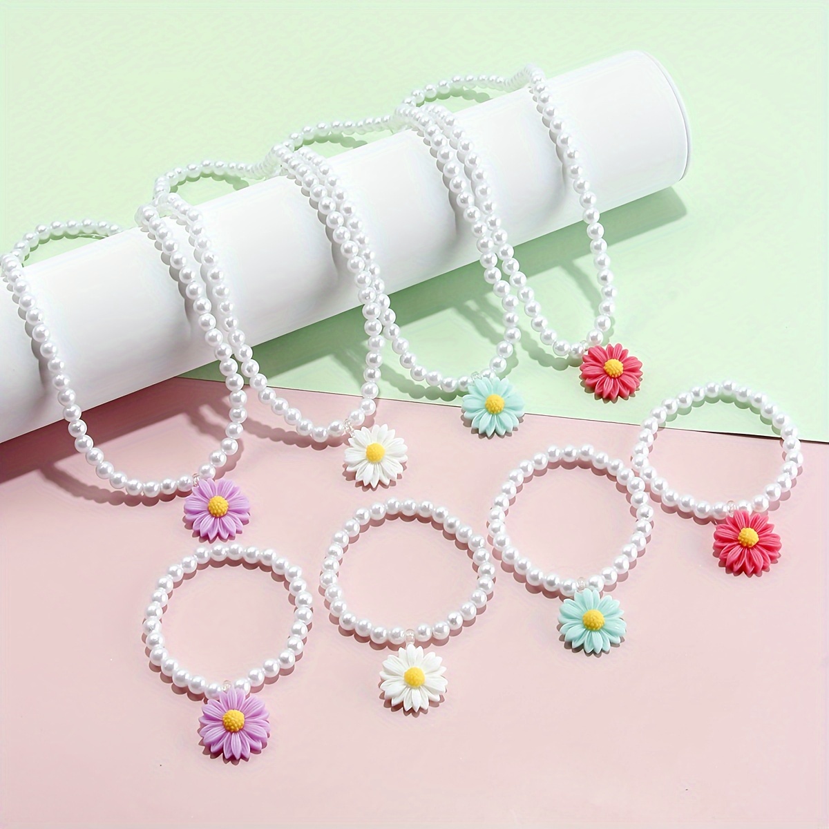 

8pcs Girls Cute Daisy Butterfly Pendant Beaded Necklaces Bracelets Set