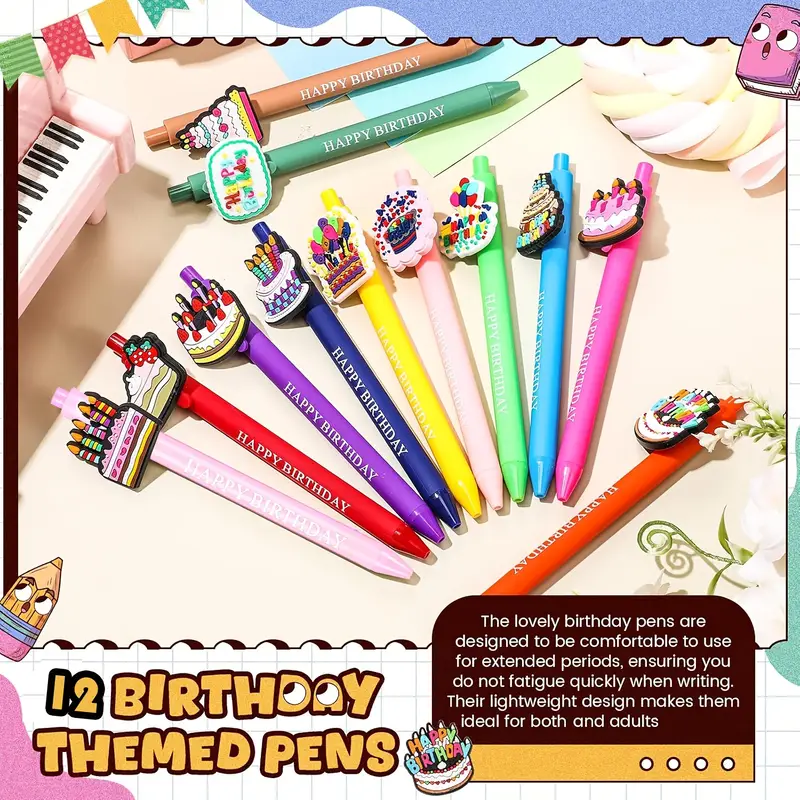 12pcs cute animal happy birthday pens cartoon pens funny pen writing ballpoint pens retractable black ink pens birthday party gifts for students office supplies school stationery Product details 5