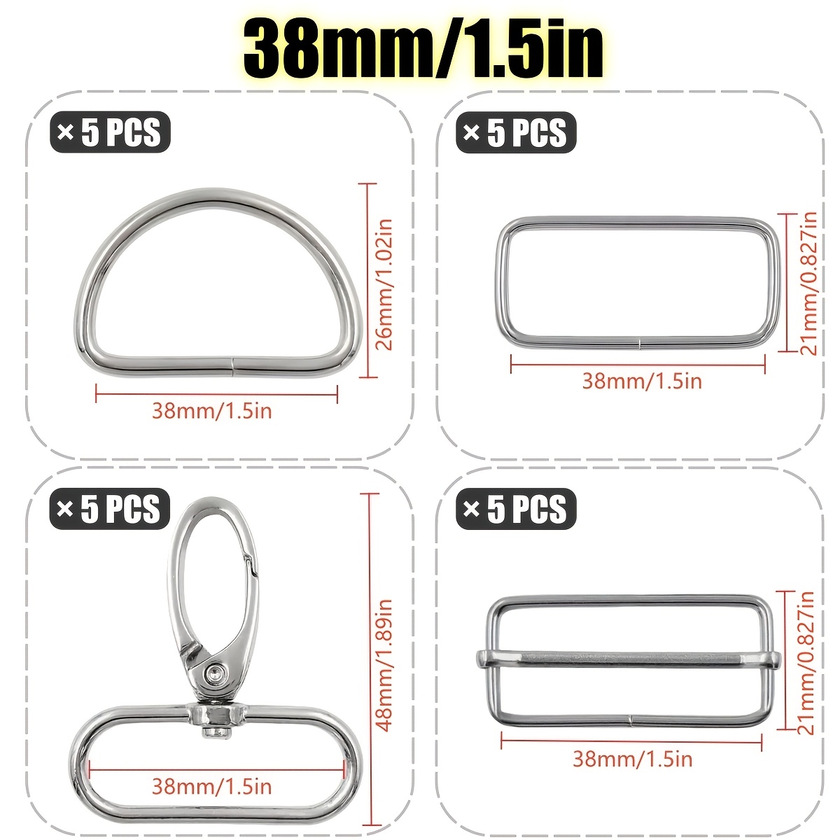 E-shop 20-tlg./Set Metall-Gürtelschnallen-Zubehörsortiment, D-Ring, rechteckiger Ring, Schiebeverstellschließe, drehbarer Haken, für DIY-Nähen von