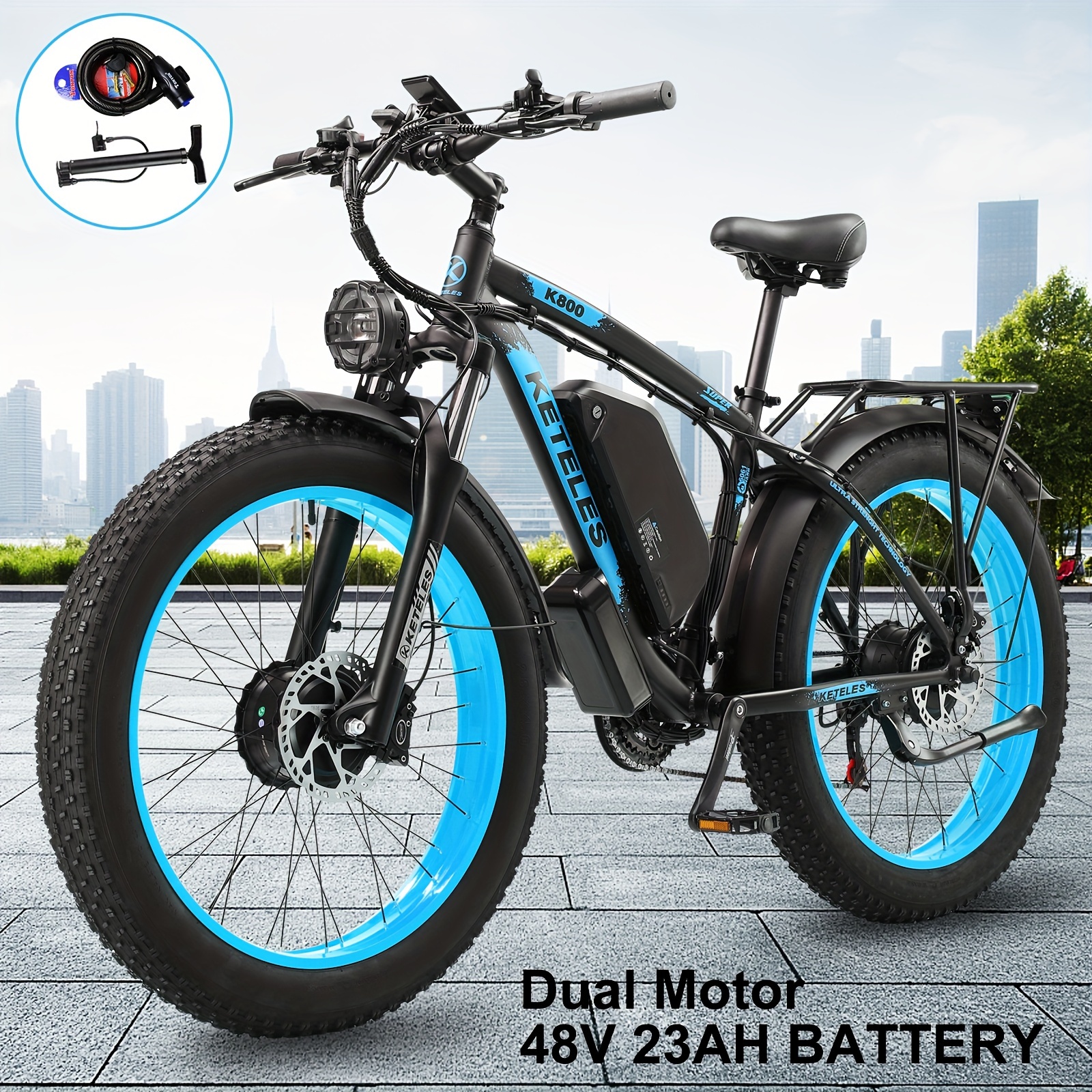 

Keteles Electric Bike For Adults, 26" Fat Tire Electric Bicycle Ebike, Dual Motor Electric Mountain Bicycle Commuter Snow Bike Ebikes E-bike With 48v 23ah Removable Battery, Up To 50miles